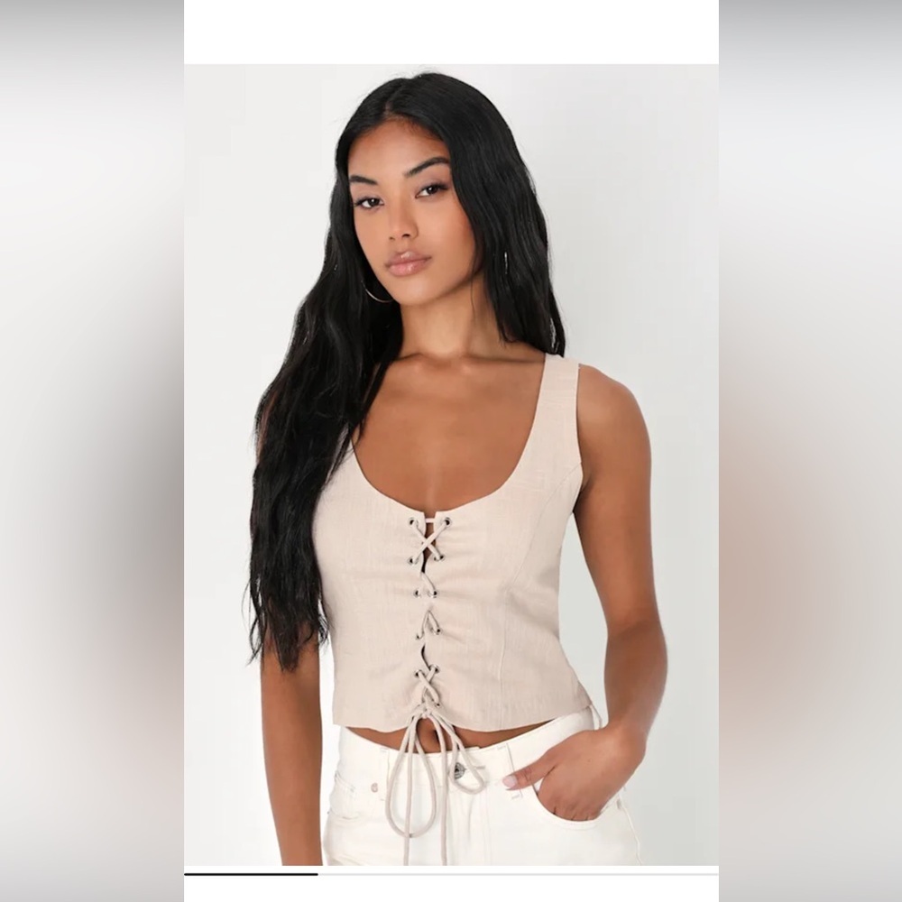 Lulu's Beige Lace-Up Blouse